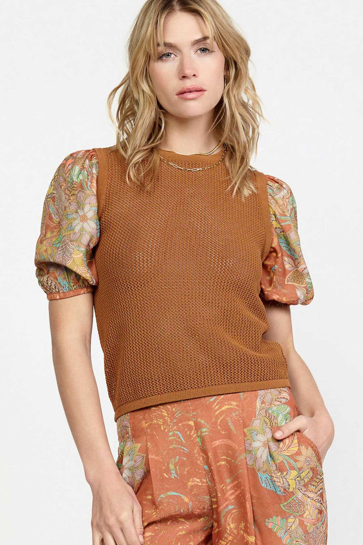 Current Air Open Knit with Border Print Puff Sleeve Top