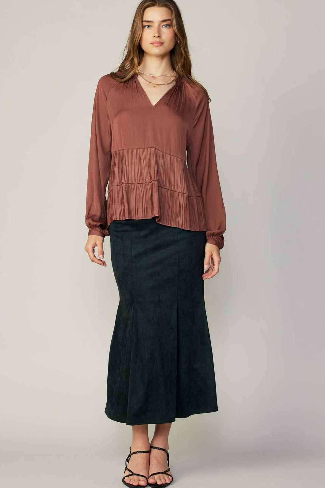 Current Air Tiered Bottom Long Sleeve Top With Split Neck