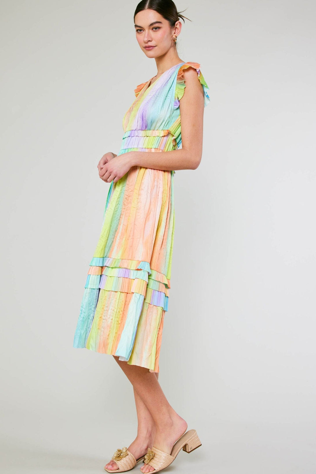 Current Air V Neck Pleated Short Sleeve Ruffle Long Dress