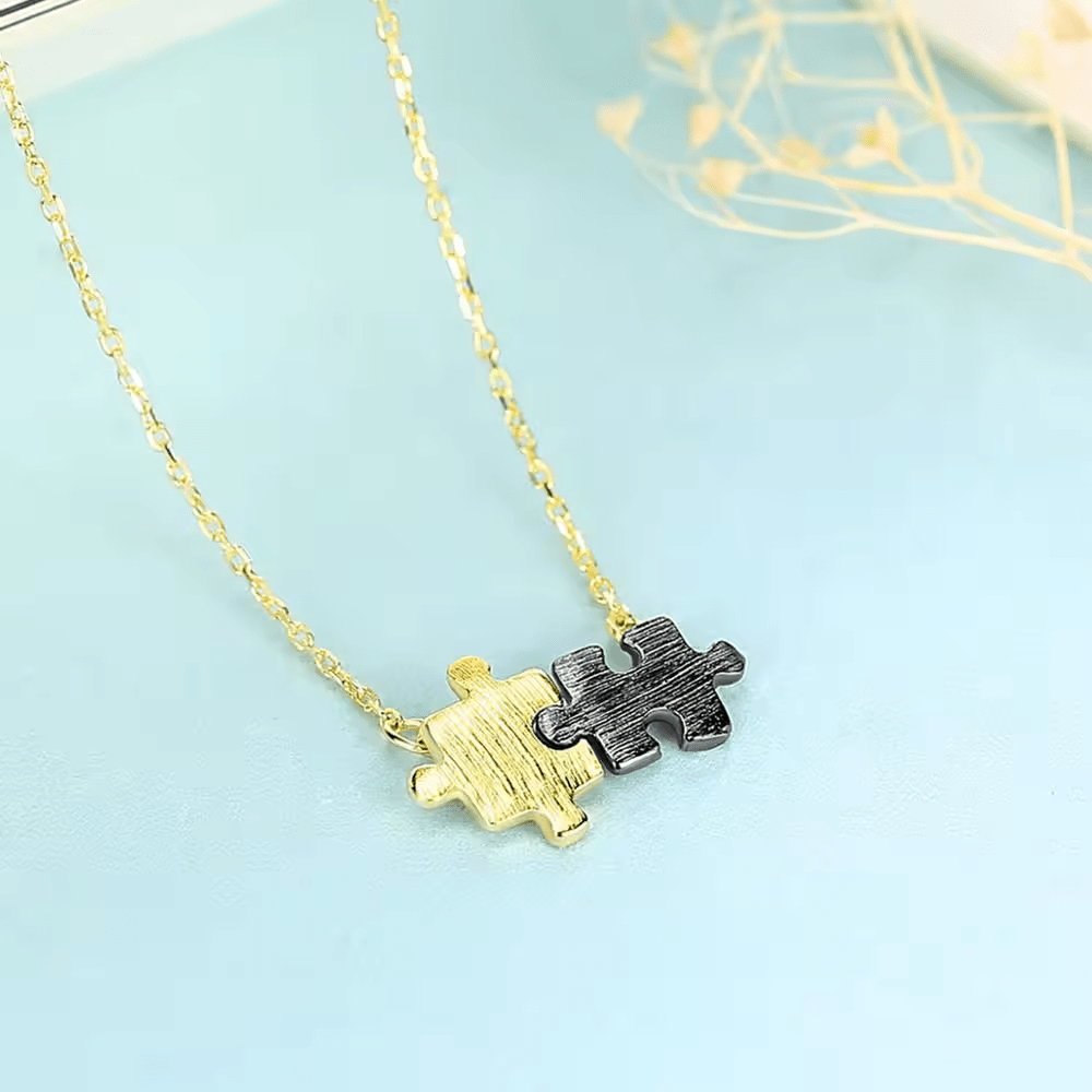 Dainty Brushed Gold and Black Plated Puzzle Piece Necklace