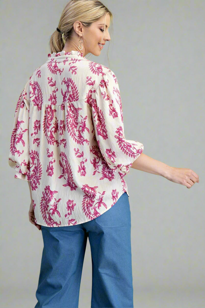 Delicate Nature Style Paisley Print 3/4 Sleeve Button Down Blouse