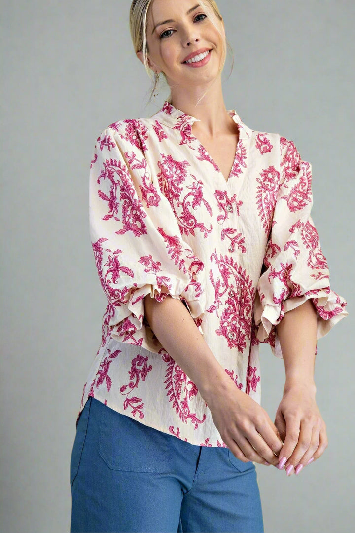 Delicate Nature Style Paisley Print 3/4 Sleeve Button Down Blouse