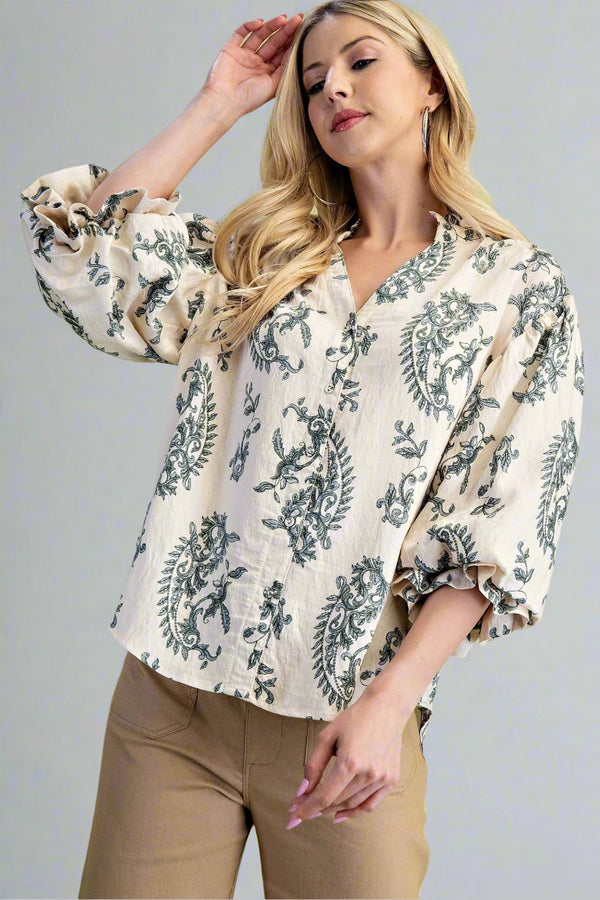 Delicate Nature Style Paisley Print 3/4 Sleeve Button Down Blouse