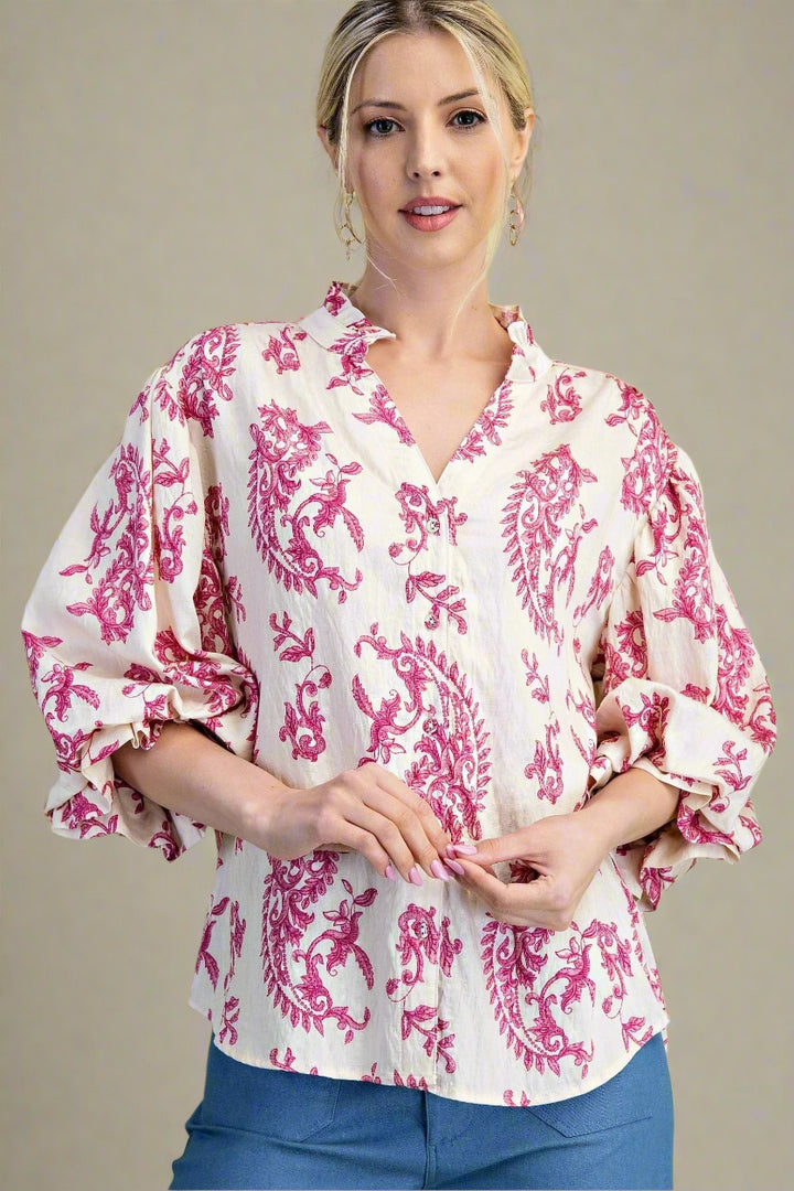 Delicate Nature Style Paisley Print 3/4 Sleeve Button Down Blouse