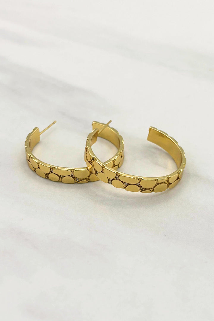 Dipped Stepping Stone Open Hoop Earrings with Crystal Studded Textured Base