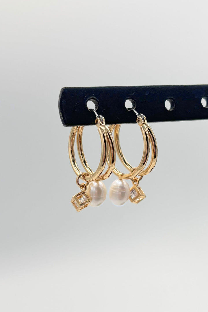 Double Hoop with Dangling Crystal Charm and Attached Pearl