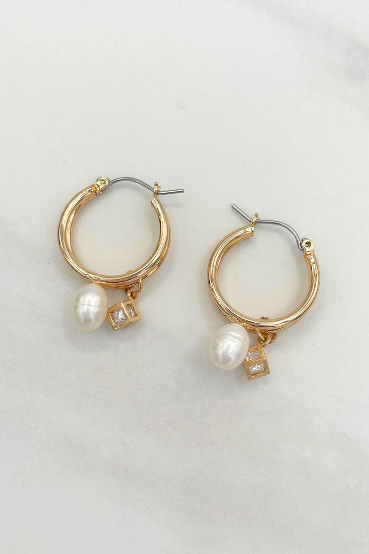 Double Hoop with Dangling Crystal Charm and Attached Pearl
