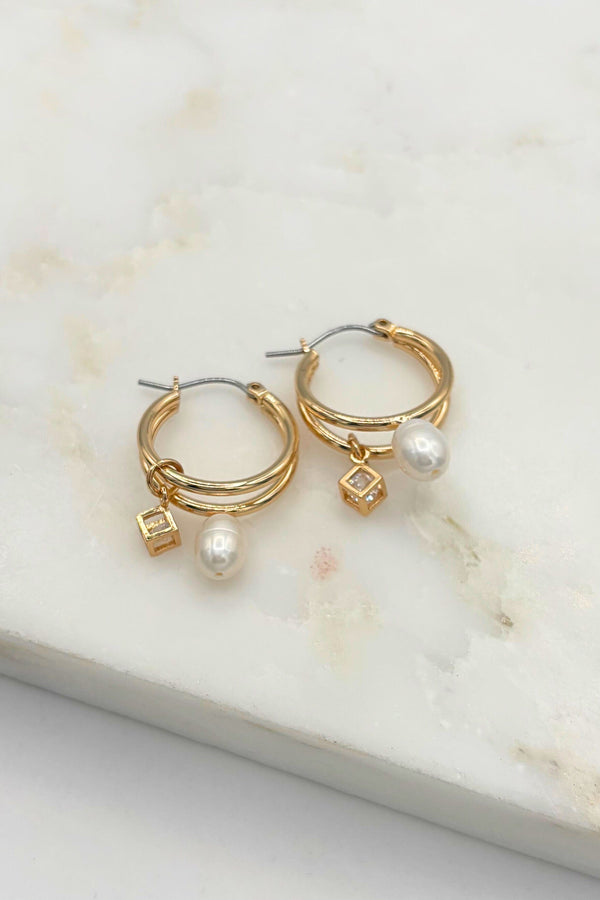Double Hoop with Dangling Crystal Charm and Attached Pearl