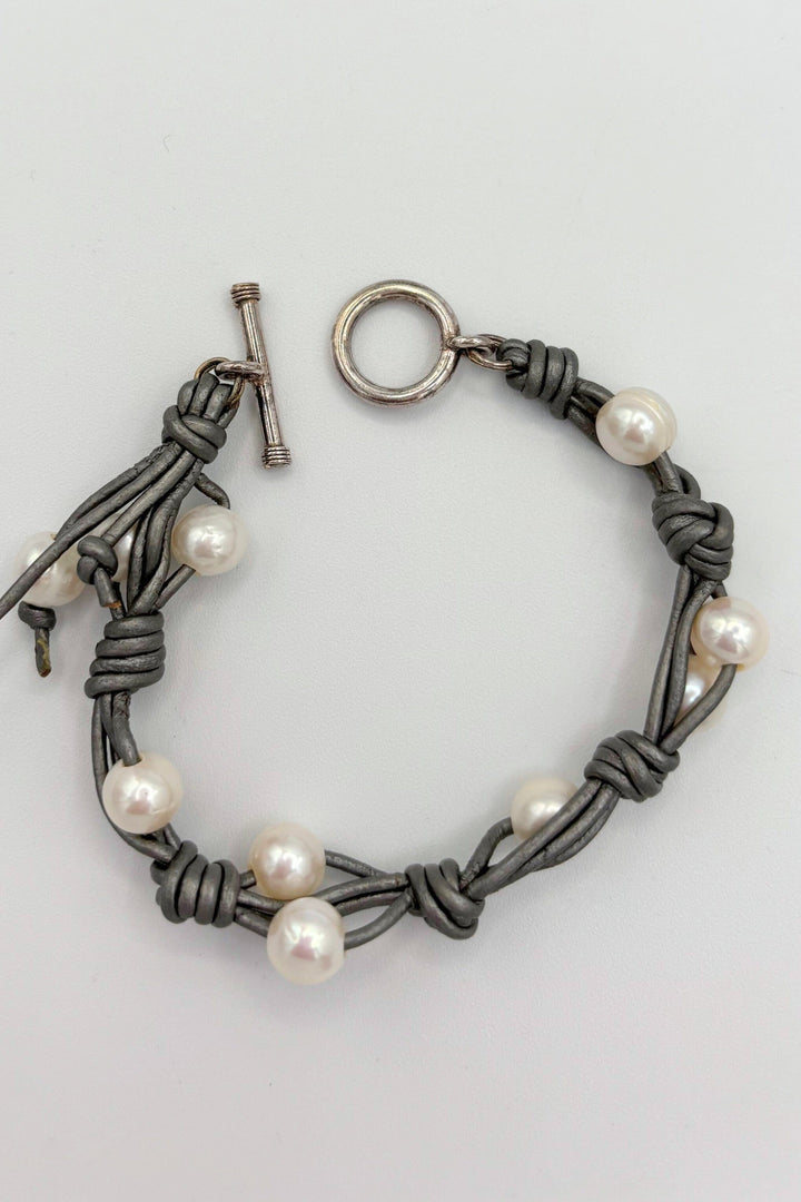 Double Pearl and Leather Braided Bracelet