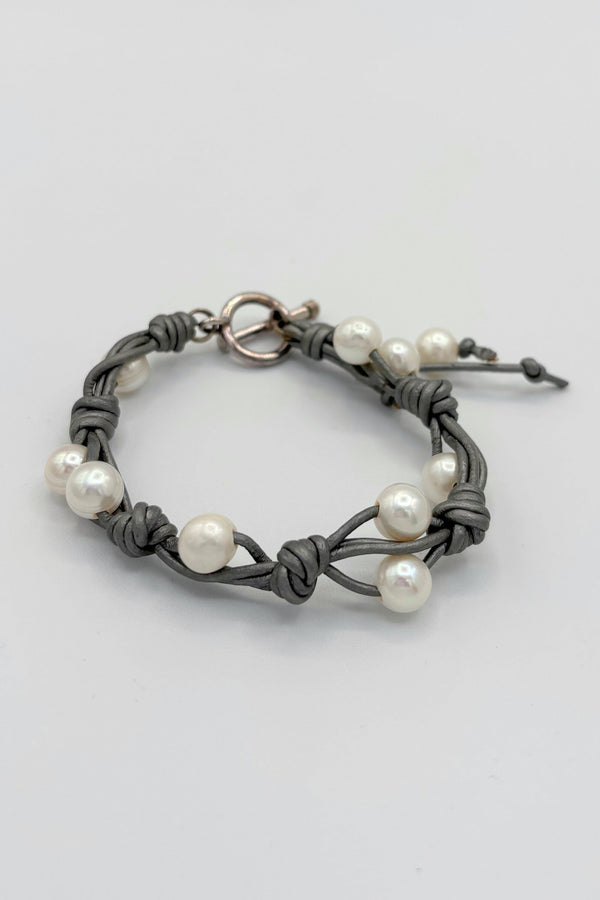 Double Pearl and Leather Braided Bracelet