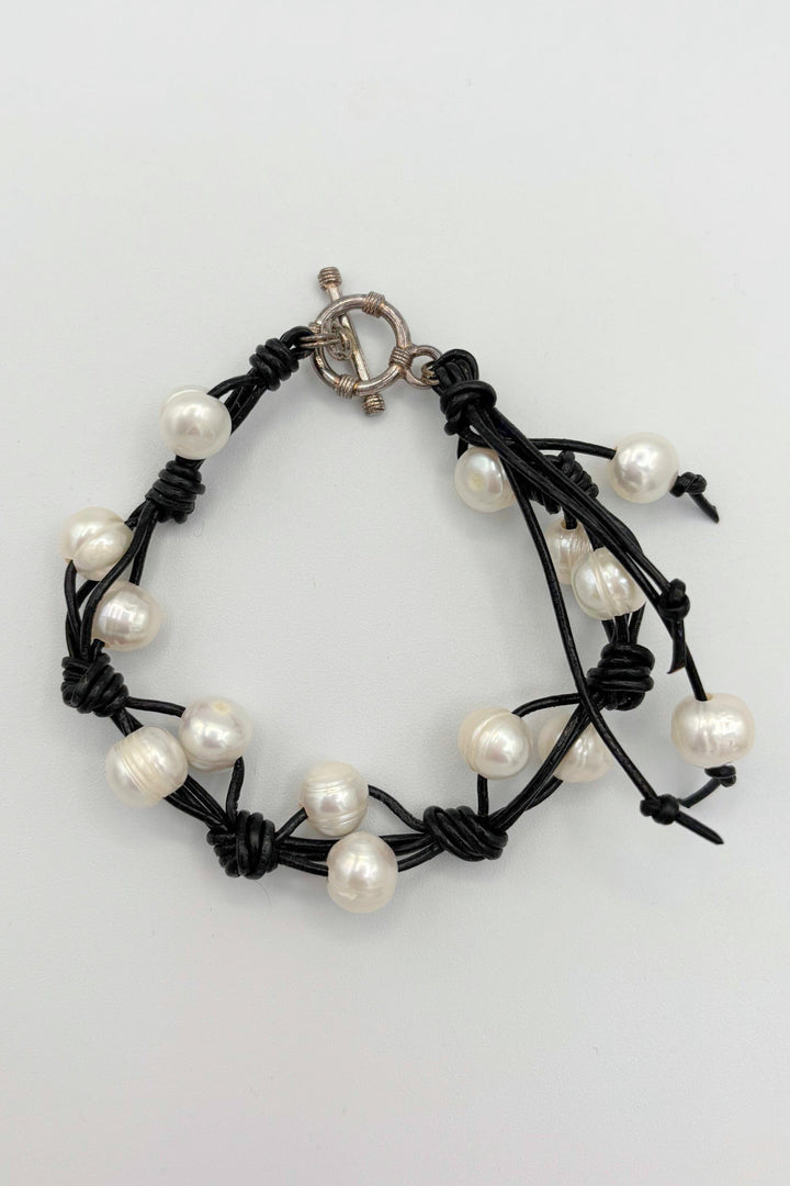 Double Pearl and Leather Braided Bracelet