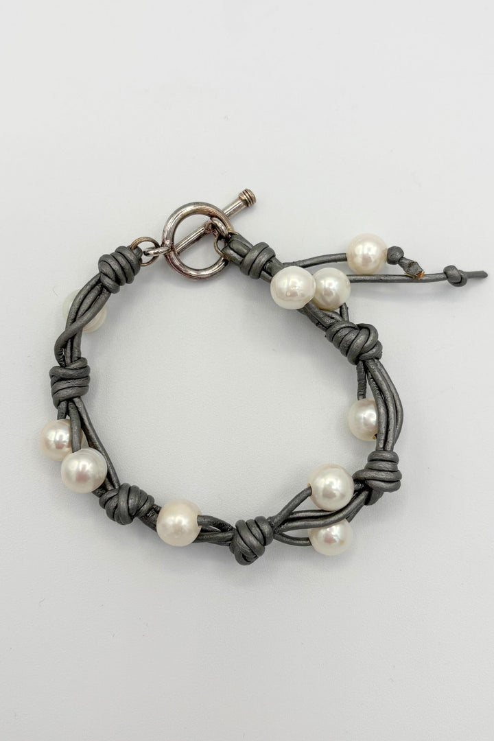 Double Pearl and Leather Braided Bracelet