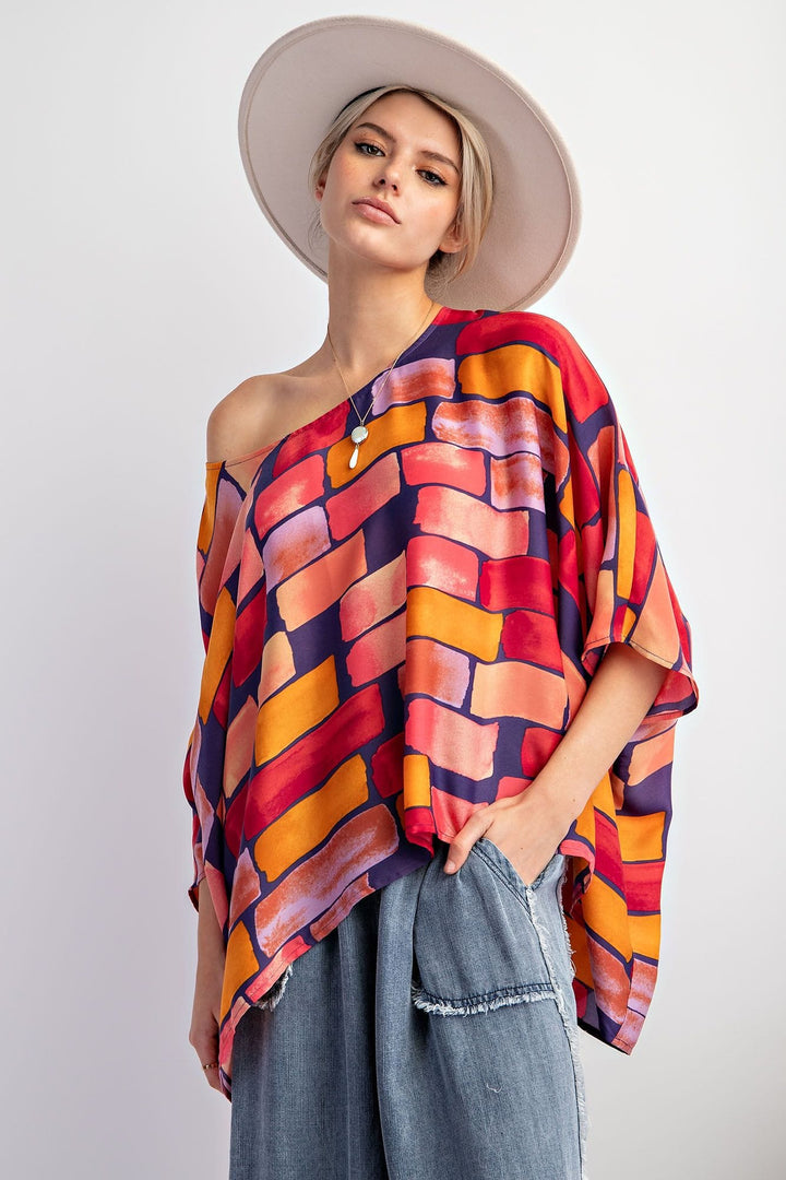 Easel Abstract Printed Mirabelle Satin Poncho Top