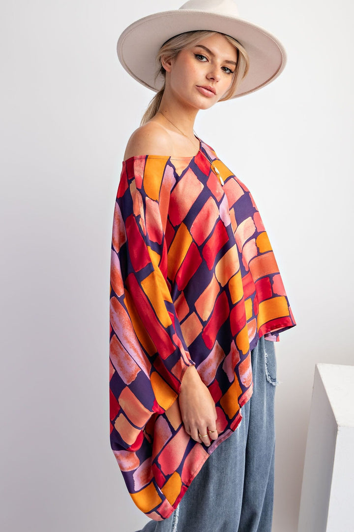 Easel Abstract Printed Mirabelle Satin Poncho Top