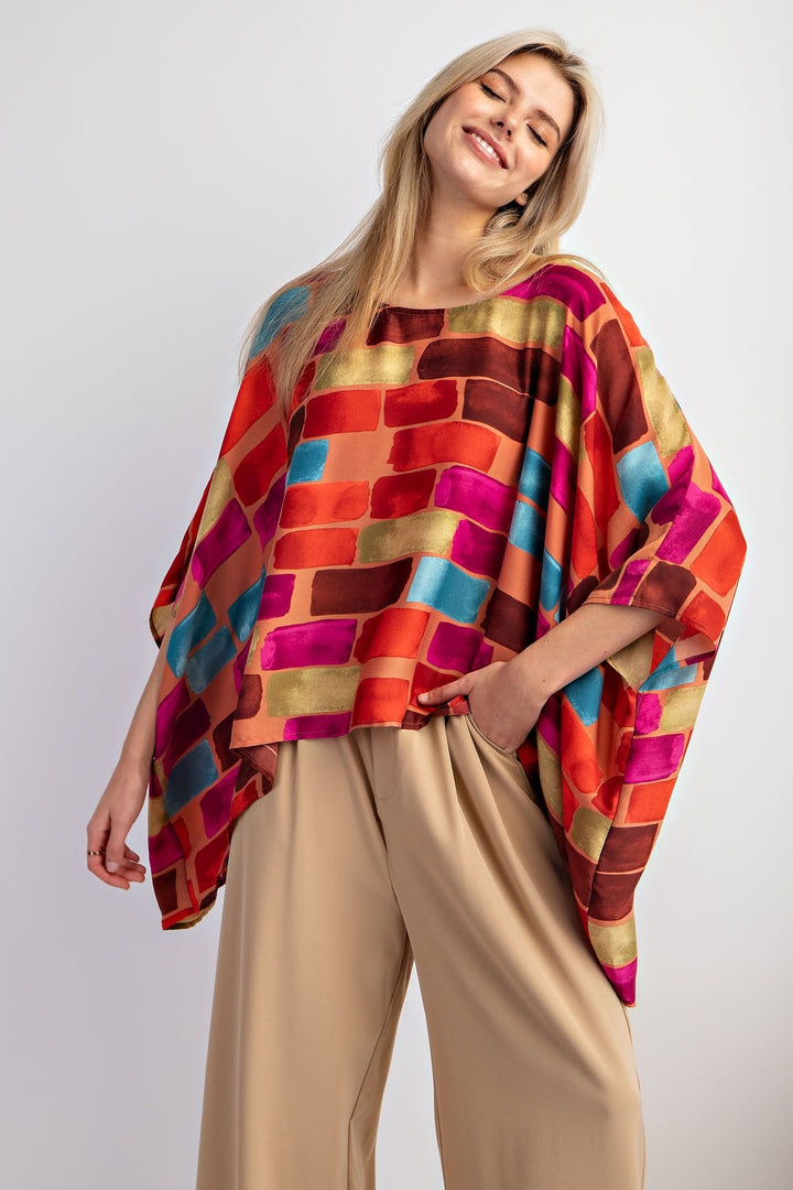 Easel Abstract Printed Mirabelle Satin Poncho Top