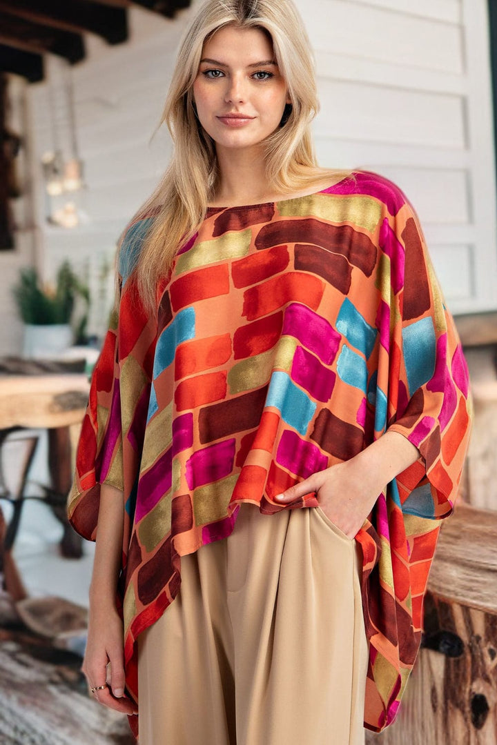 Easel Abstract Printed Mirabelle Satin Poncho Top