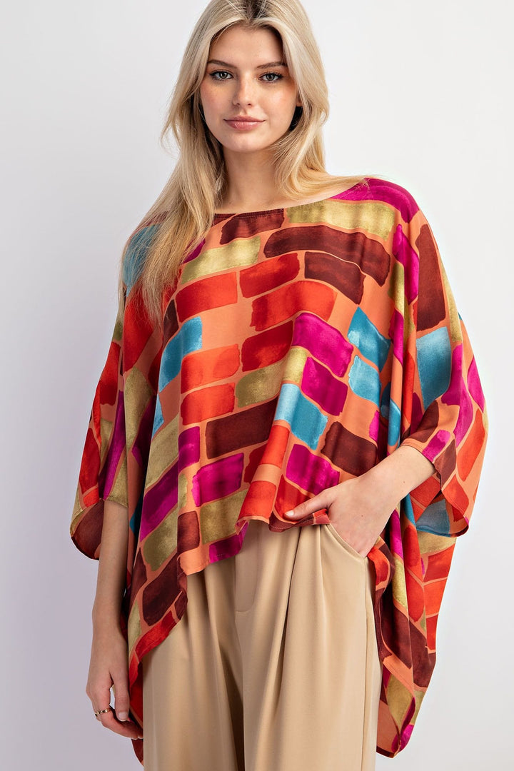 Easel Abstract Printed Mirabelle Satin Poncho Top