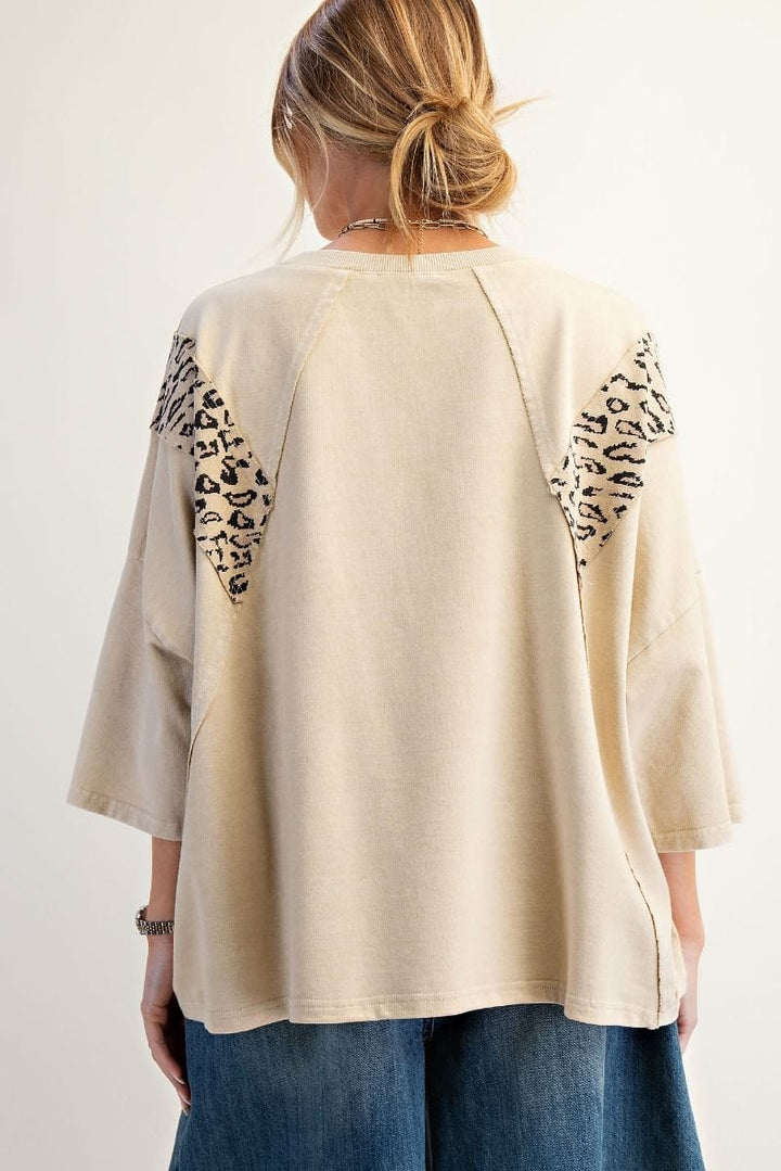 Easel Animal Print Front Star Patch Raglan Sleeve Relaxed Fit Terry Knit Top