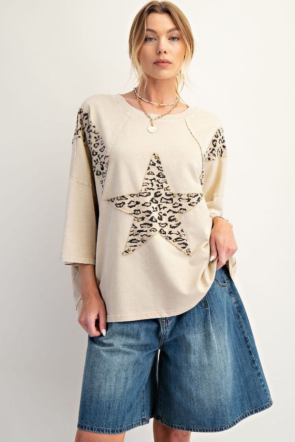 Easel Animal Print Front Star Patch Raglan Sleeve Relaxed Fit Terry Knit Top