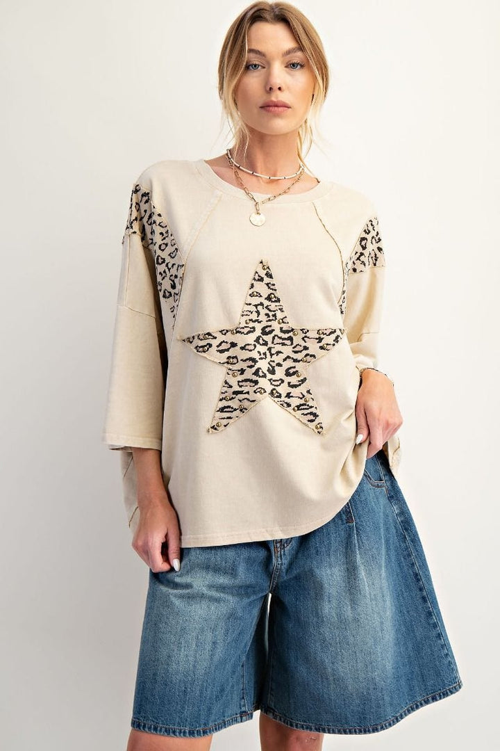 Easel Animal Print Front Star Patch Raglan Sleeve Relaxed Fit Terry Knit Top