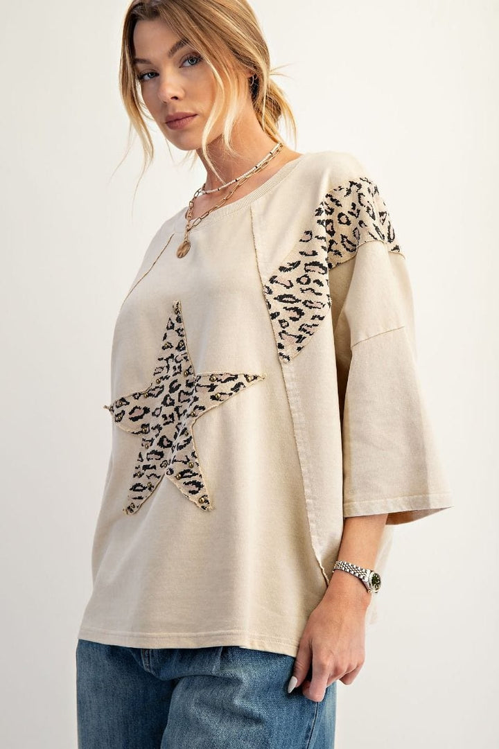 Easel Animal Print Front Star Patch Raglan Sleeve Relaxed Fit Terry Knit Top