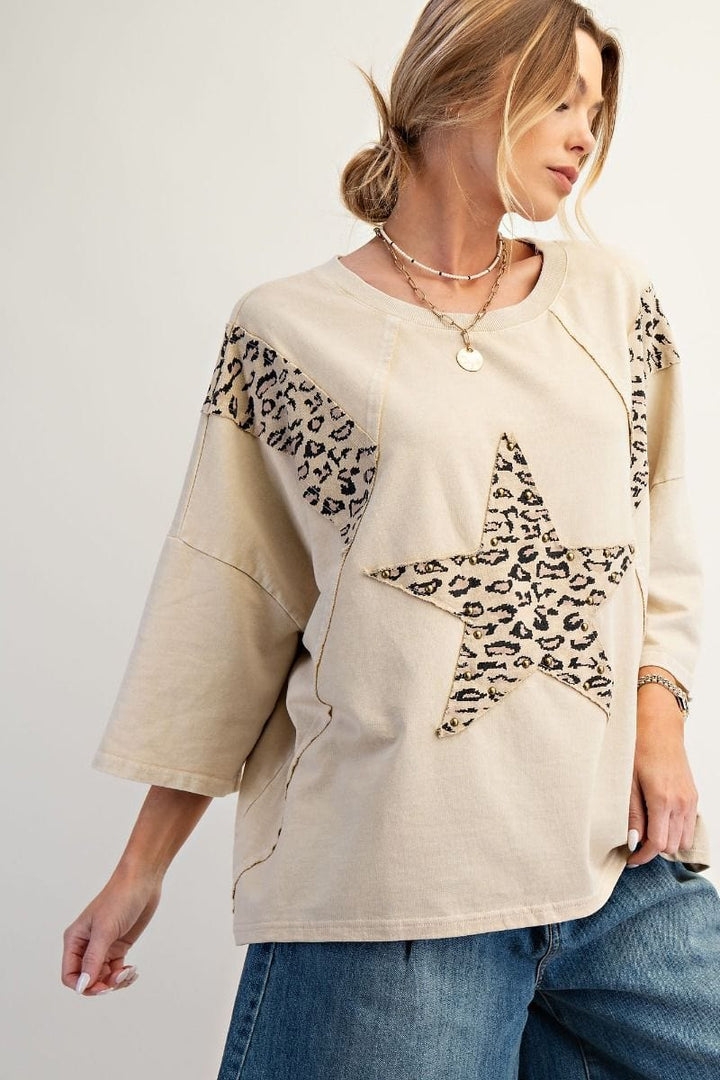 Easel Animal Print Front Star Patch Raglan Sleeve Relaxed Fit Terry Knit Top