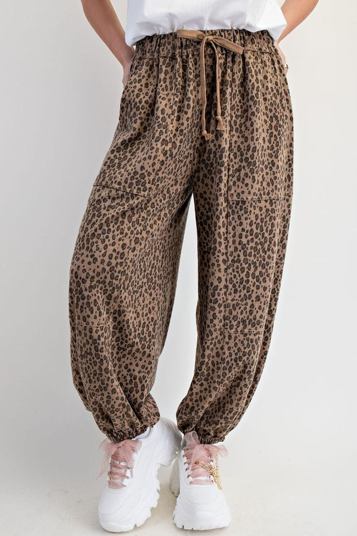 Easel Animal Print Washed Terry Drawstring Waist Jogger Style Pants