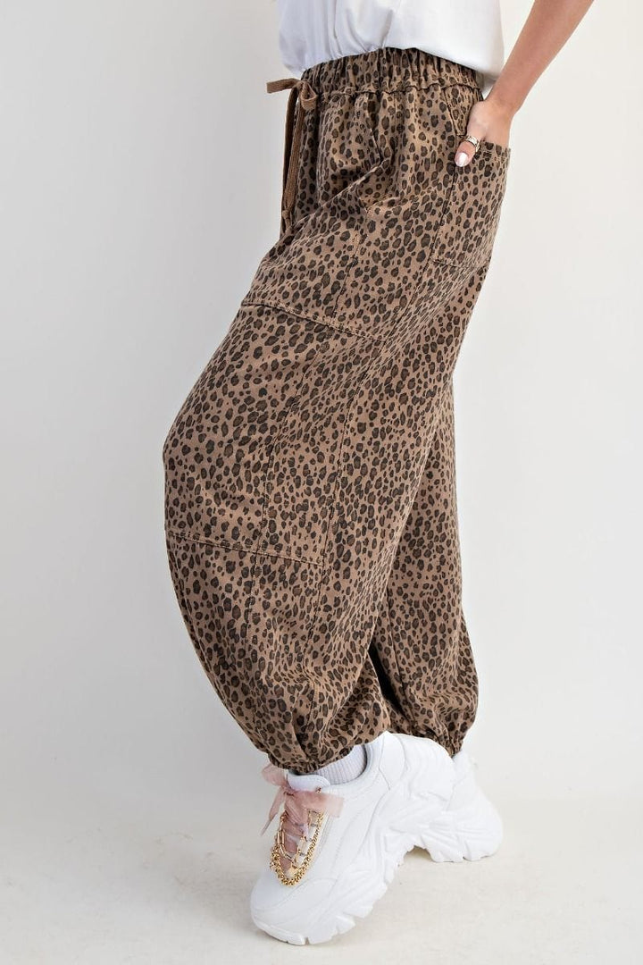 Easel Animal Print Washed Terry Drawstring Waist Jogger Style Pants