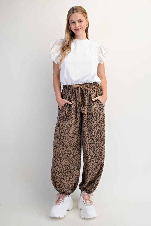 Easel Animal Print Washed Terry Drawstring Waist Jogger Style Pants