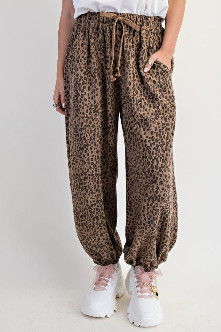 Easel Animal Print Washed Terry Drawstring Waist Jogger Style Pants