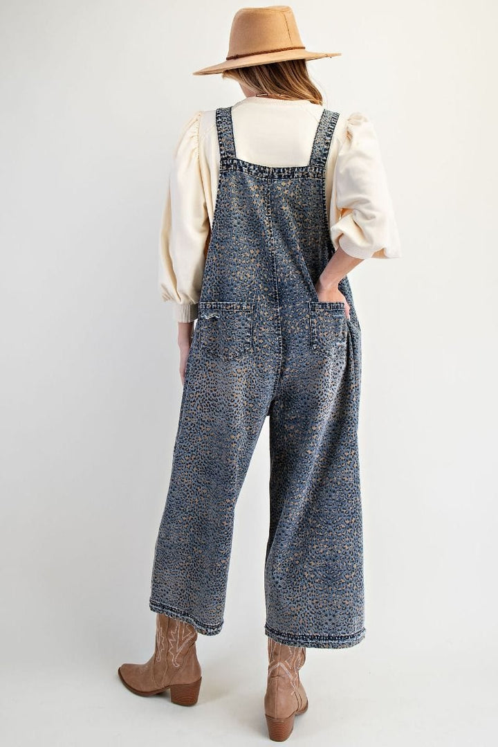 Easel Animal Printed Washed Denim Button Strap Overalls