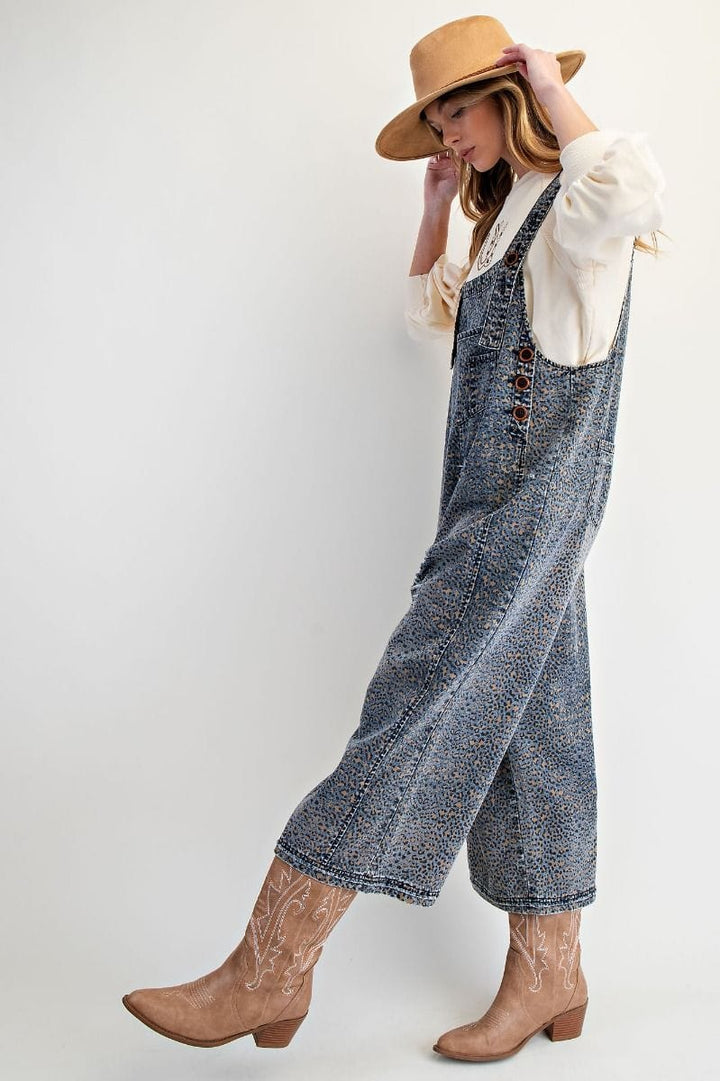 Easel Animal Printed Washed Denim Button Strap Overalls