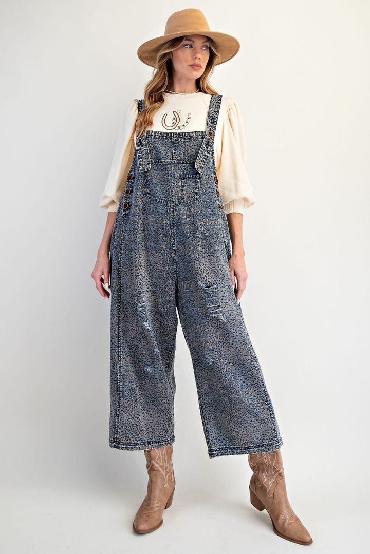 Easel Animal Printed Washed Denim Button Strap Overalls