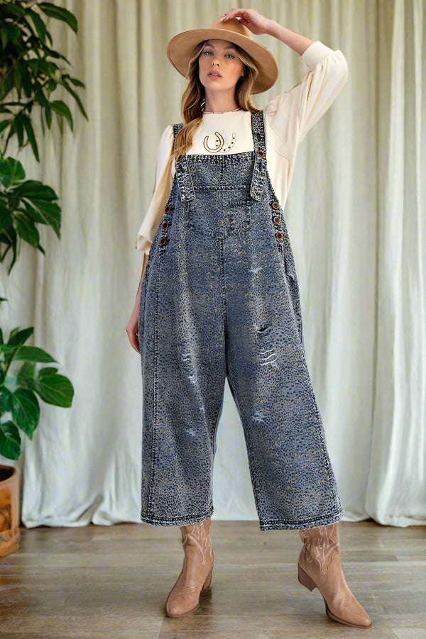 Easel Animal Printed Washed Denim Button Strap Overalls