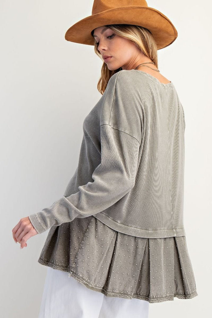 Easel Baby Rib Pleated Bottom Washed Tunic Style Top