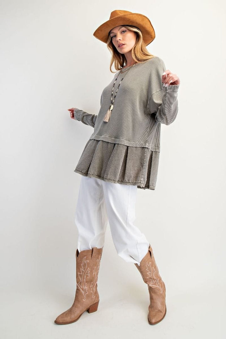 Easel Baby Rib Pleated Bottom Washed Tunic Style Top