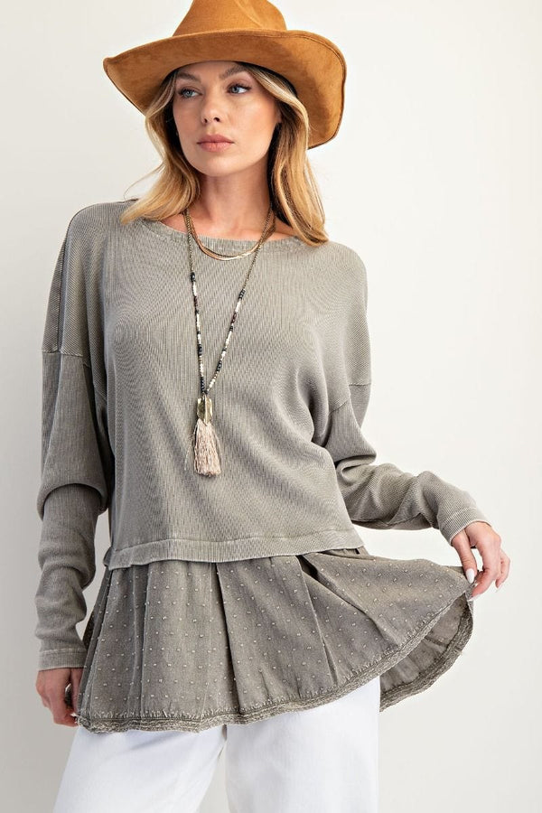 Easel Baby Rib Pleated Bottom Washed Tunic Style Top