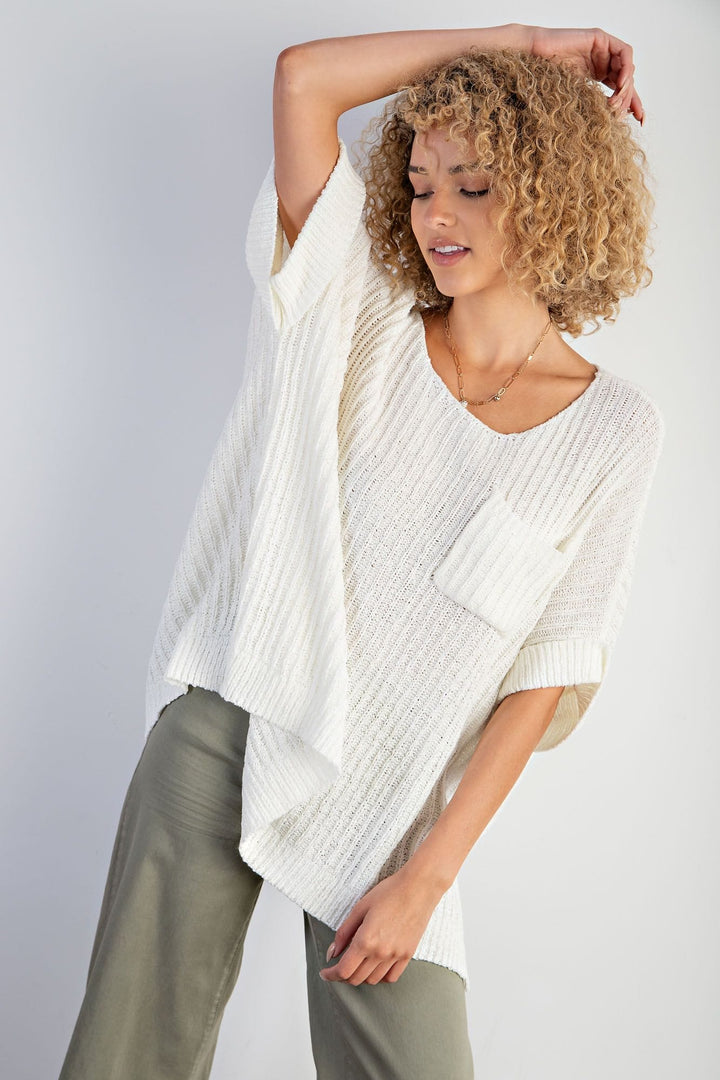 Easel Boxy Cuffed Short Sleeve Knitted Ribbed Sweater Top with Front Pocket