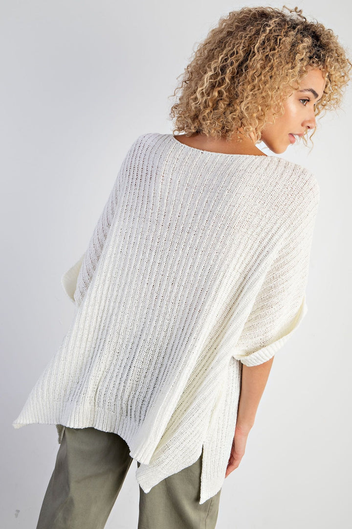 Easel Boxy Cuffed Short Sleeve Knitted Ribbed Sweater Top with Front Pocket