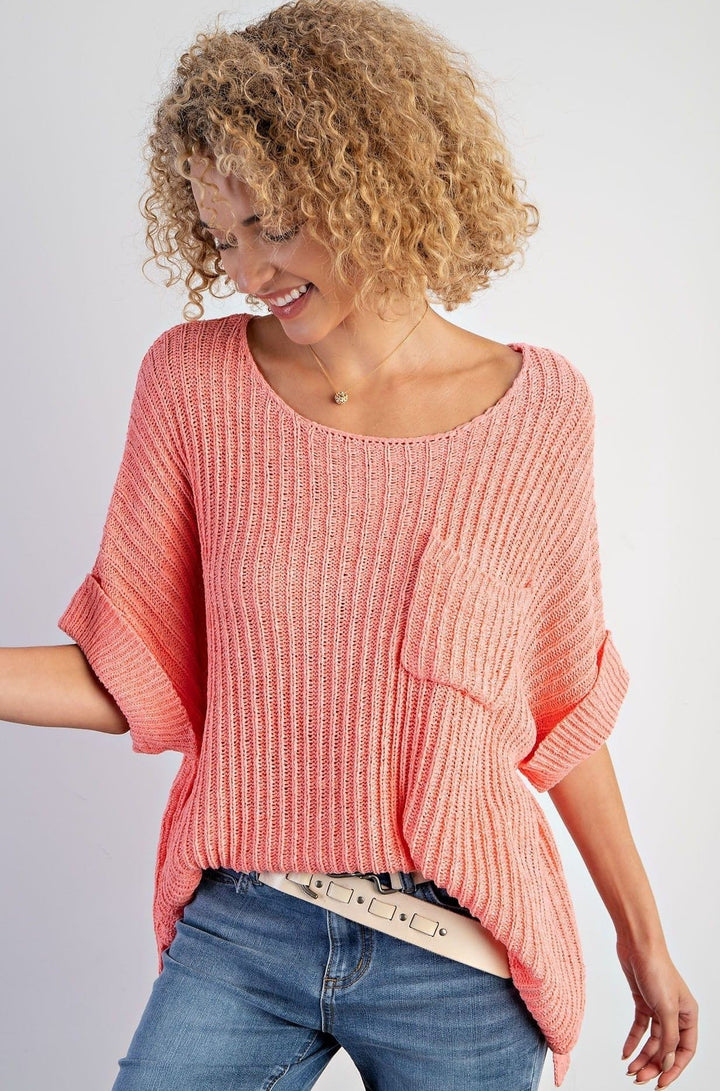 Easel Boxy Cuffed Short Sleeve Knitted Ribbed Sweater Top with Front Pocket