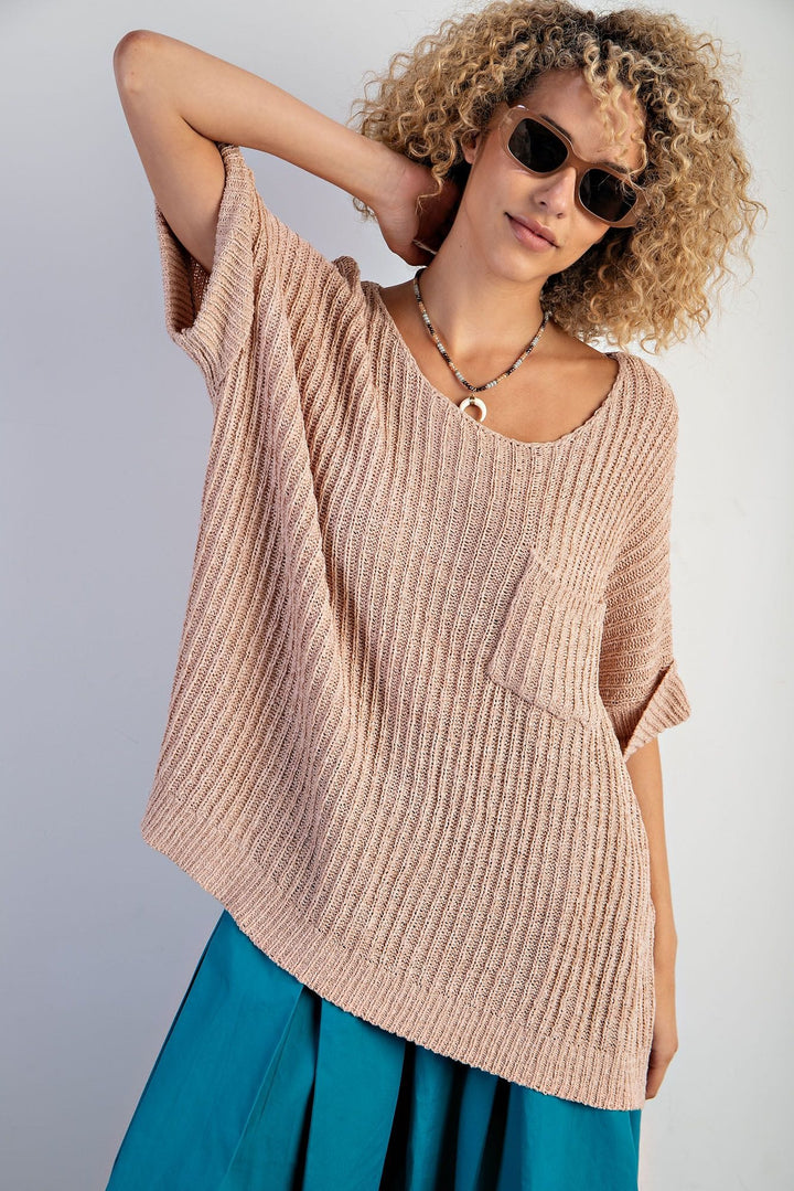 Easel Boxy Cuffed Short Sleeve Knitted Ribbed Sweater Top with Front Pocket