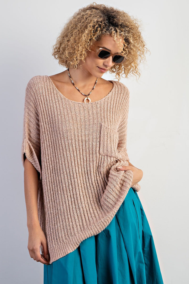 Easel Boxy Cuffed Short Sleeve Knitted Ribbed Sweater Top with Front Pocket