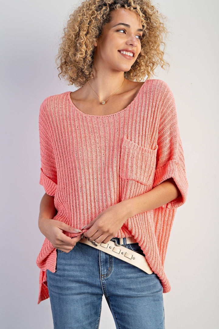 Easel Boxy Cuffed Short Sleeve Knitted Ribbed Sweater Top with Front Pocket