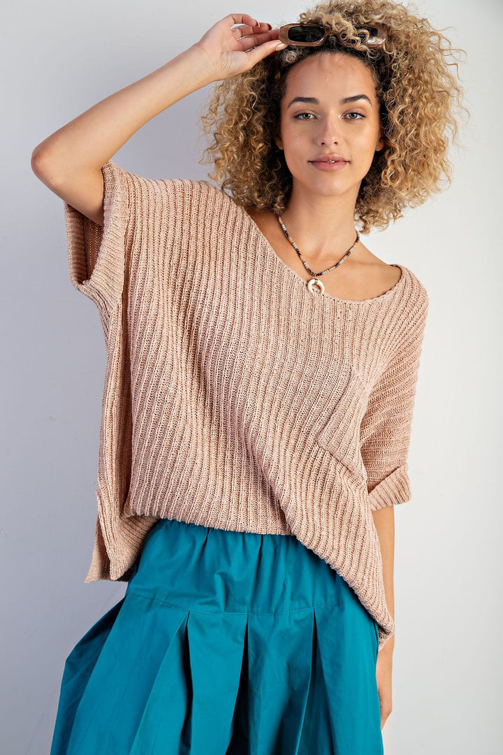 Easel Boxy Cuffed Short Sleeve Knitted Ribbed Sweater Top with Front Pocket