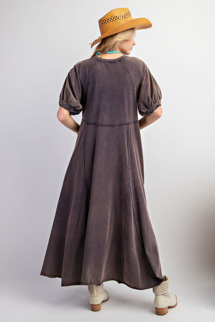 Easel Bubble Short Sleeve Mineral Washed Cotton Knit Maxi Dress