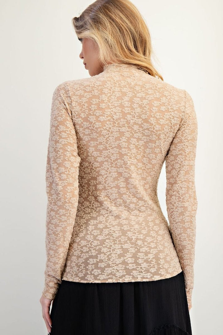 Easel Burnout Floral Lace Fitted Long Sleeve Top