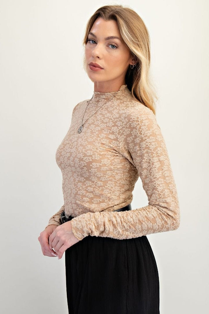 Easel Burnout Floral Lace Fitted Long Sleeve Top