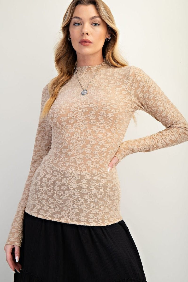 Easel Burnout Floral Lace Fitted Long Sleeve Top