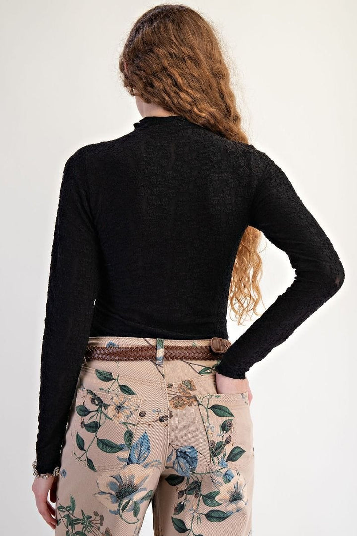 Easel Burnout Floral Lace Fitted Long Sleeve Top