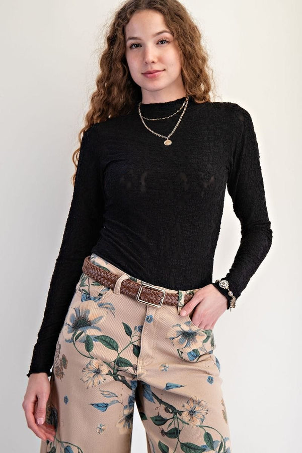 Easel Burnout Floral Lace Fitted Long Sleeve Top